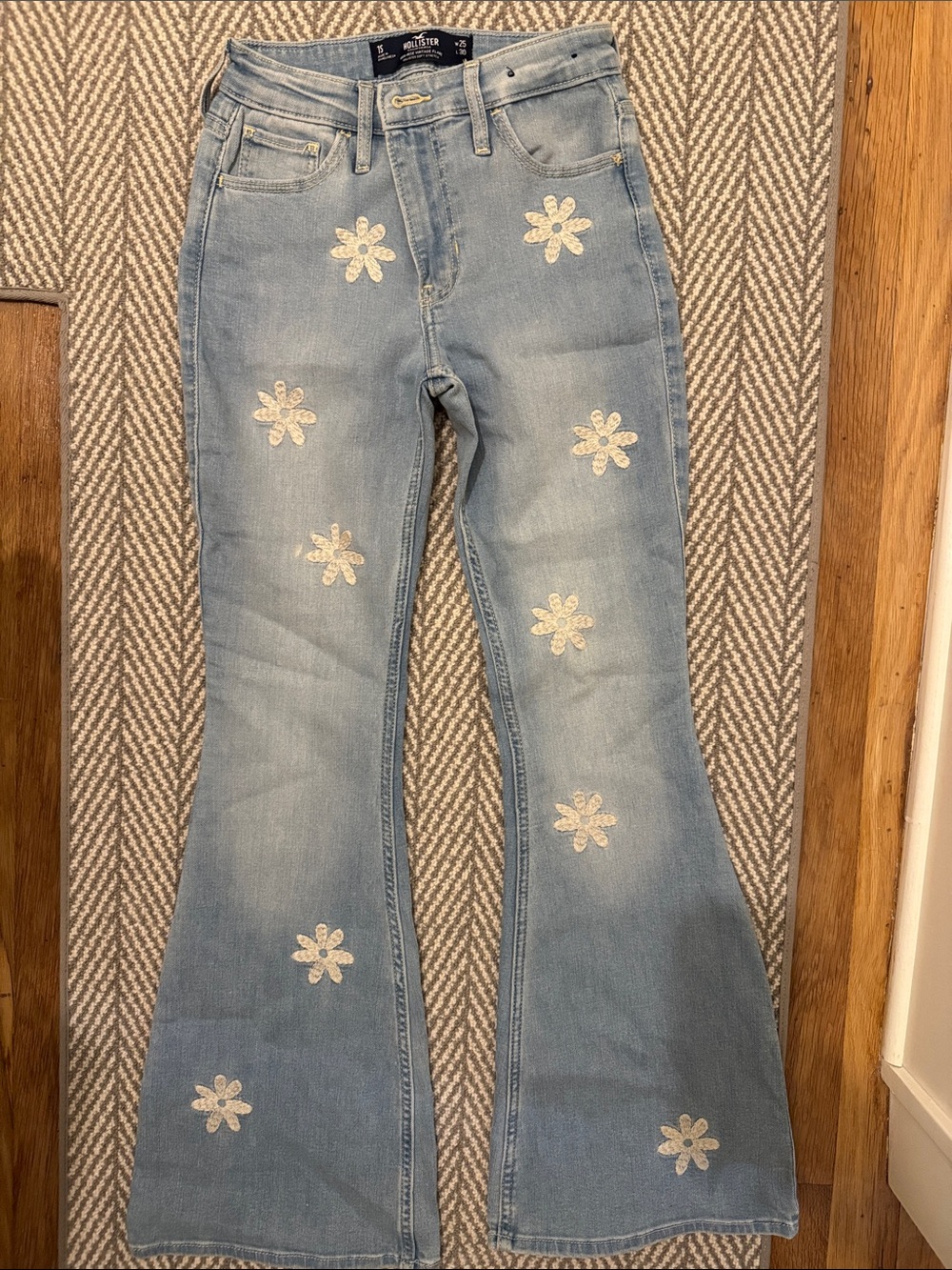 Hollister Light Blue Embroidered Floral Flare Jeans